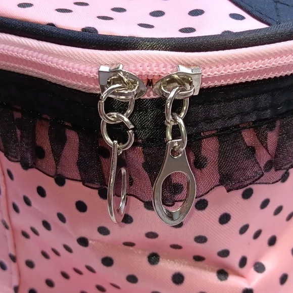 🆕️EXTRA LARGE VINTAGE PINK & BLACK POLKA DOT ZIPPERED COSMETIC BAG WITH POCKETS - Picture 12 of 17